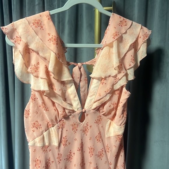 Free People Joaquin Floral Asymmetrical Hem Midi Dress in Peach Combo - Picture 9 of 14